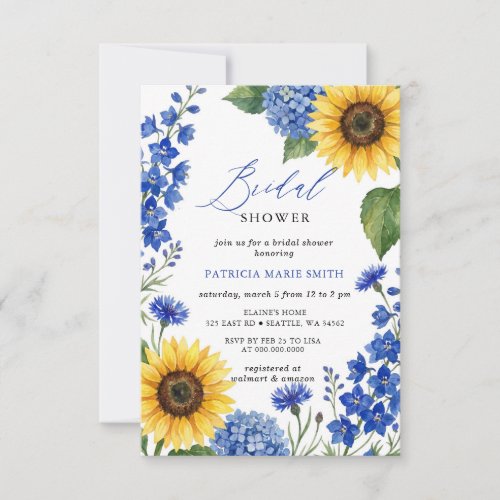 Royal Blue Floral Sunflowers Modern Bridal Shower Invitation