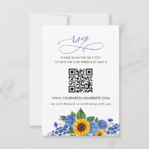 Royal Blue Floral Sunflowers Modern Weddin QR CODE RSVP Card