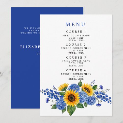 Royal Blue Floral Sunflowers Modern Wedding Menu