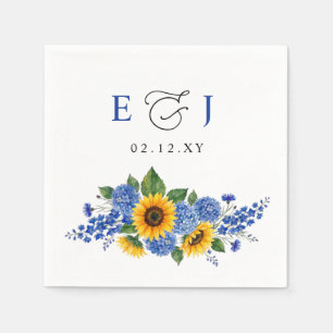 Royal Blue Floral Sunflowers Modern Wedding Napkins