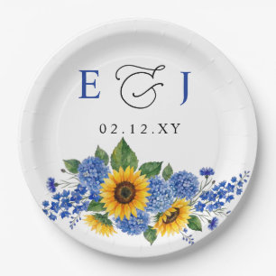 Royal Blue Floral Sunflowers Modern Wedding Paper Plates