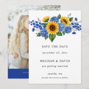 Royal Blue Floral Sunflowers Modern Wedding Photo Save The Date