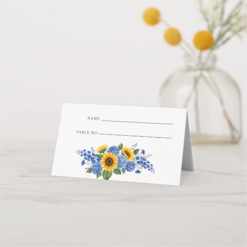 Royal Blue Floral Sunflowers Modern Wedding Place Card