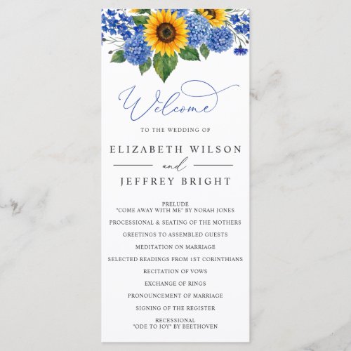 Royal Blue Floral Sunflowers Modern Wedding Program