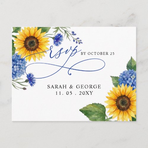 Royal Blue Floral Sunflowers Modern Wedding Rsvp Postcard
