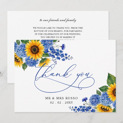 Royal Blue Floral Sunflowers Modern Wedding Thank You Card