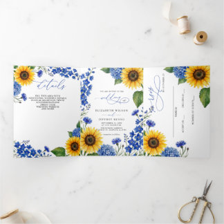 Royal Blue Floral Sunflowers Modern Wedding Tri-Fold Invitation