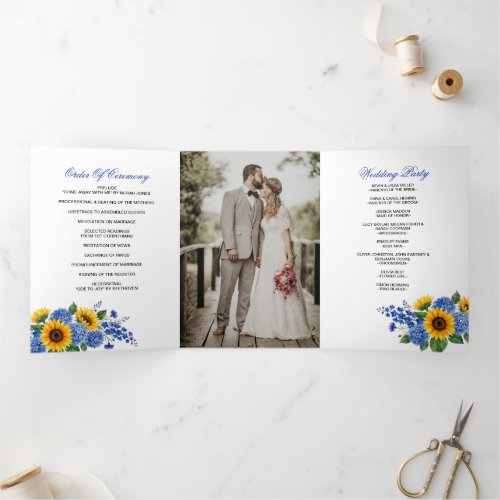 Royal Blue Floral Sunflowers Modern Wedding Tri-Fold Program