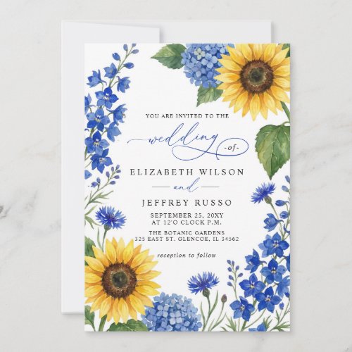 Royal Blue Floral Sunflowers QR Code Wedding Invitation
