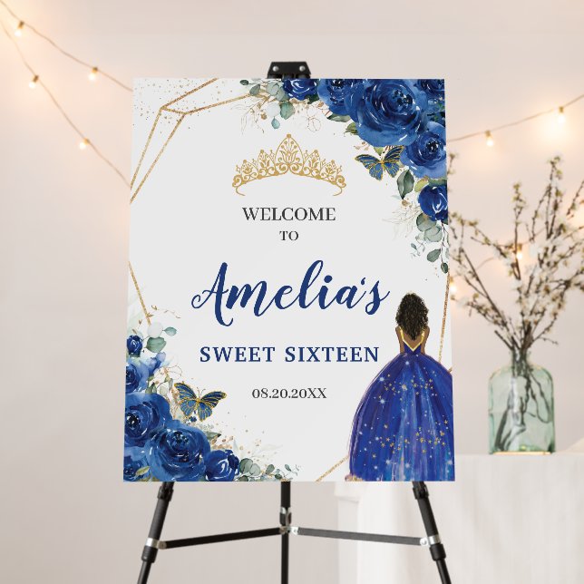 Royal Blue Floral Sweet 16 Birthday Quinceanera  Foam Board (In Situ (Stand))