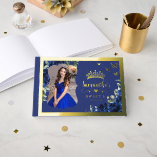 Royal Blue Floral Sweet 16 Sixteen Birthday Photo Foil Guest Book