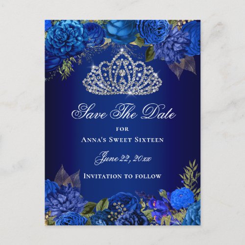 Royal Blue Floral Sweet Sixteen Save The Date Postcard