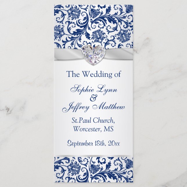 Royal blue floral swirls on silver Wedding Program (Front)