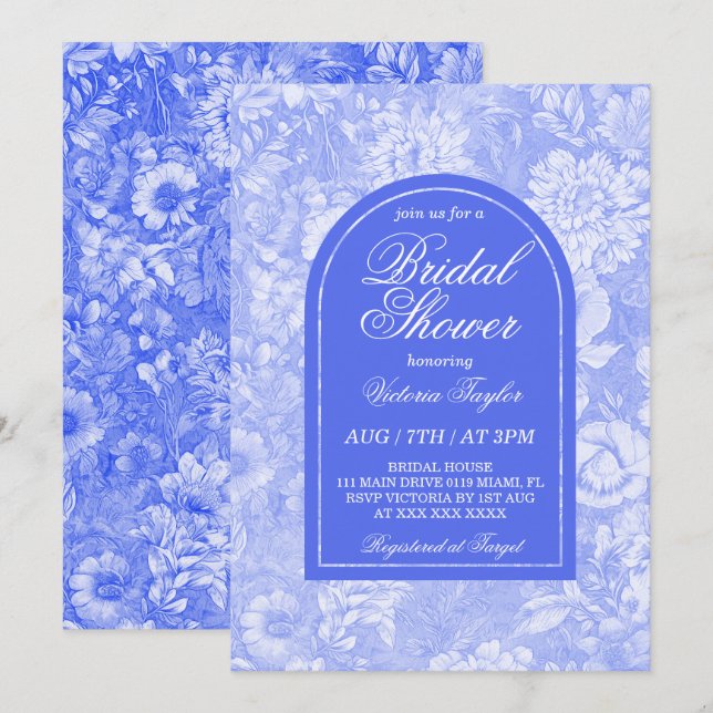 Royal Blue Floral Victorian Bridal Shower Invitation (Front/Back)