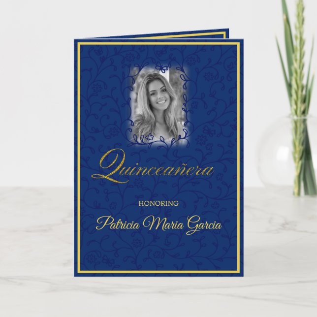 Royal blue floral vines with photo quinceanera card (Front)