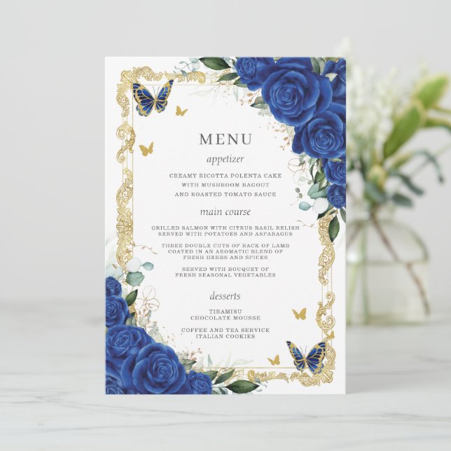 Royal Blue Floral Vintage Gold Quinceanera Menu (Standing Front)