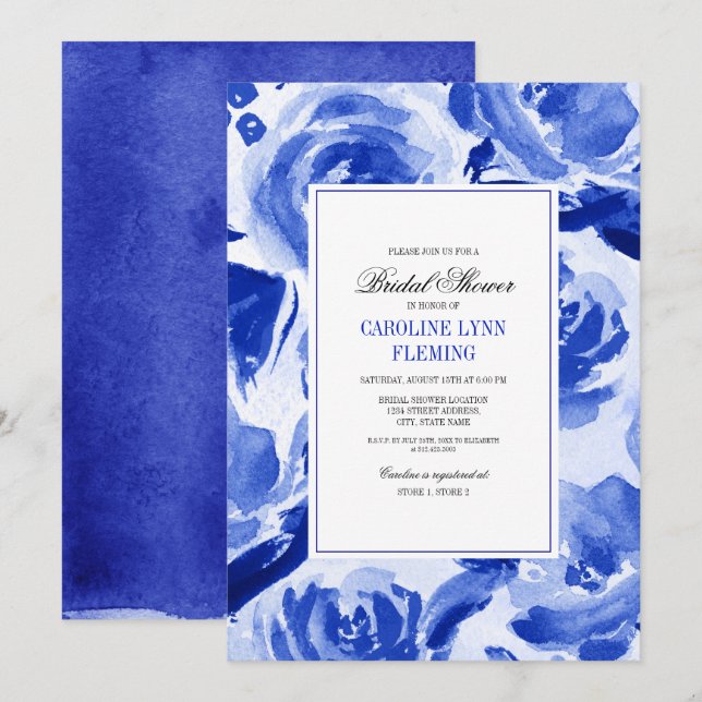 Royal Blue Floral Watercolor Bridal Shower Invitation (Front/Back)