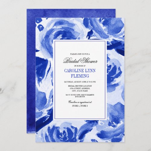 Royal Blue Floral Watercolor Bridal Shower Invitation