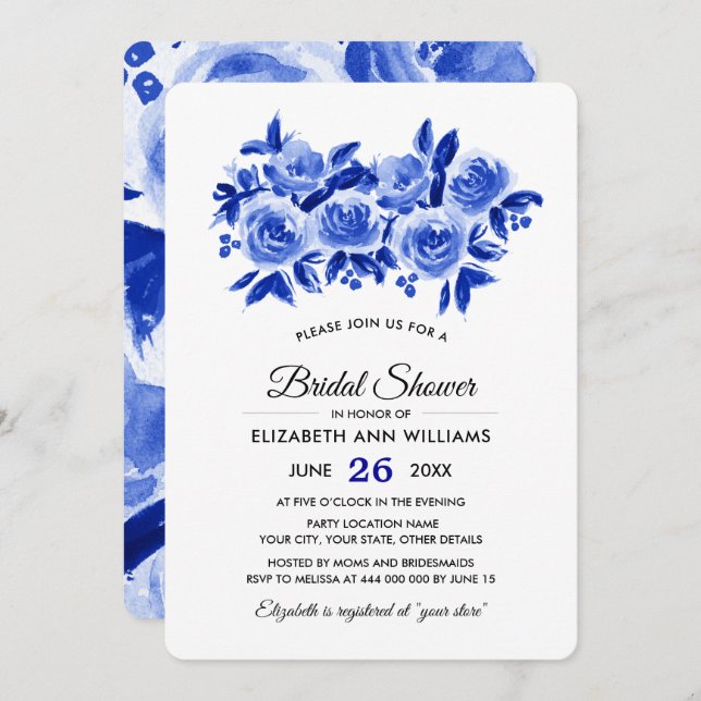 Royal Blue Floral Watercolor Bridal Shower Invitation (Front/Back)