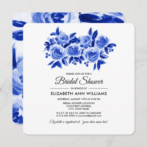Royal Blue Floral Watercolor Bridal Shower  Invitation
