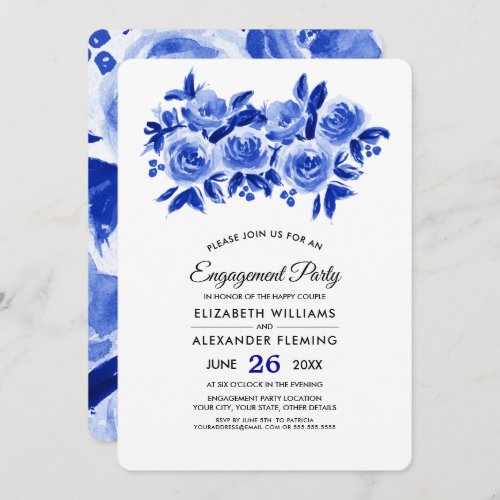 Royal Blue Floral Watercolor Engagement Party  Invitation