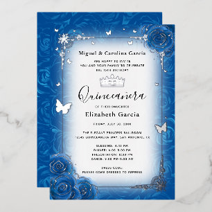 Royal Blue Floral Watercolor Quinceañera Silver Foil Invitation