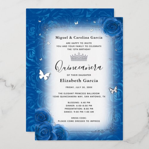 Royal Blue Floral Watercolor Quinceaera Silver Foil Invitation