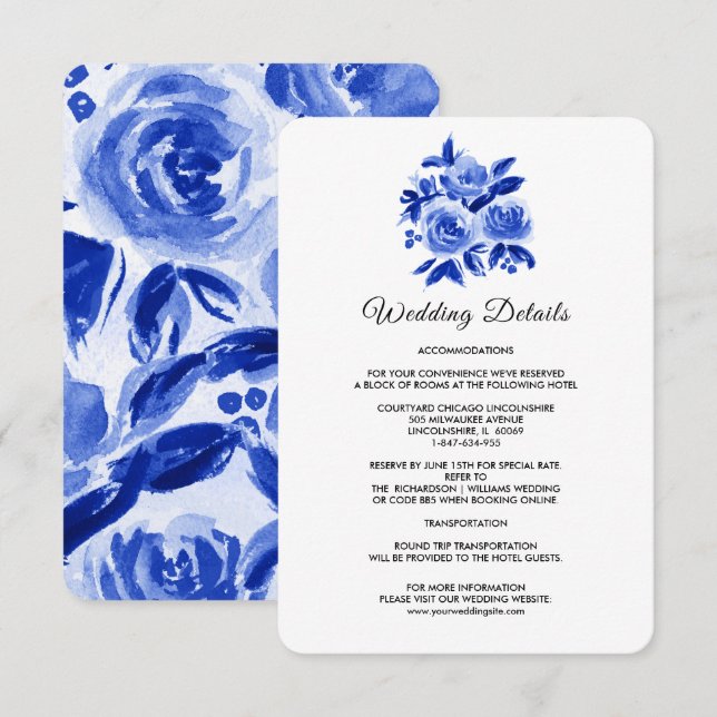 Royal Blue Floral Watercolor Wedding Details Cards (Front/Back)