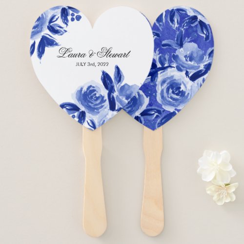 Royal Blue Floral Watercolor Wedding Hand Fan