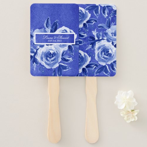 Royal Blue Floral Watercolor Wedding Hand Fan