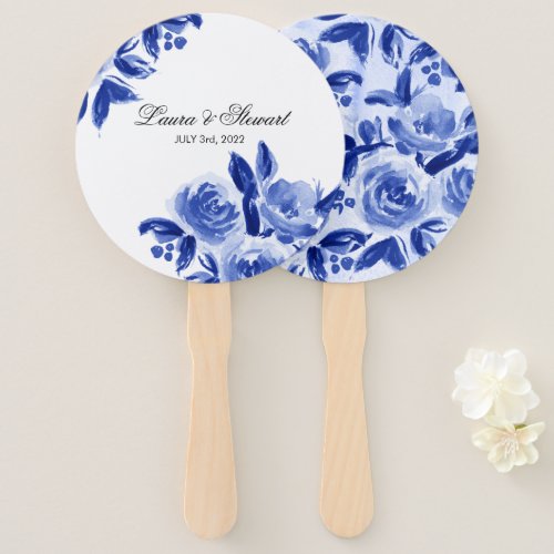 Royal Blue Floral Watercolor Wedding Hand Fan