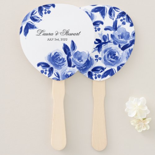 Royal Blue Floral Watercolor Wedding Hand Fan