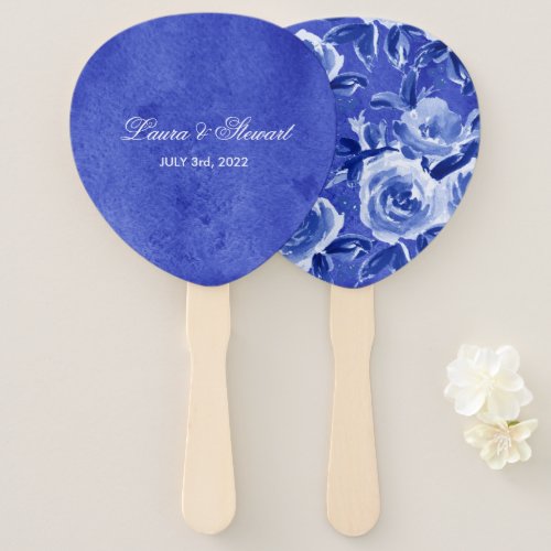 Royal Blue Floral Watercolor Wedding Hand Fan