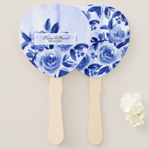 Royal Blue Floral Watercolor Wedding  Hand Fan