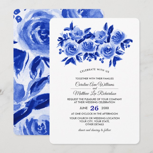Royal Blue Floral Watercolor Wedding  Invitation (Front/Back)