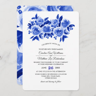 Royal Blue Floral Watercolor Wedding Invitation