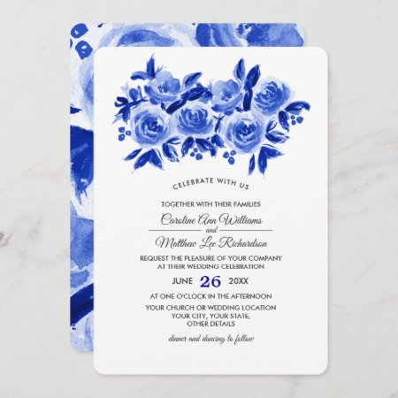 Royal Blue Floral Watercolor Wedding  Invitation