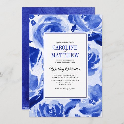 Royal Blue Floral Watercolor Wedding Invitations