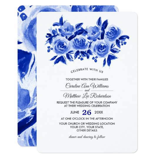 Royal Blue Floral Watercolor Wedding Invitations | Zazzle.com