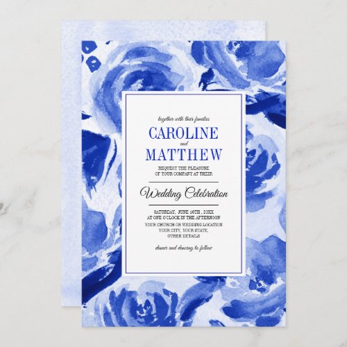 Royal Blue Floral Watercolor Wedding Invitations