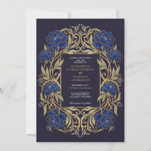 Royal Blue Floral Wedding Invitation Art Nouveau