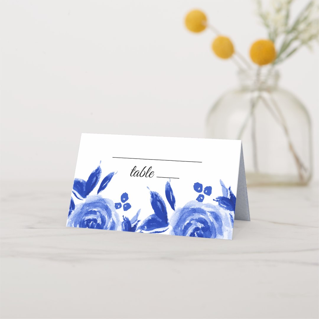 Royal Blue Floral Wedding Table Place Cards | Zazzle