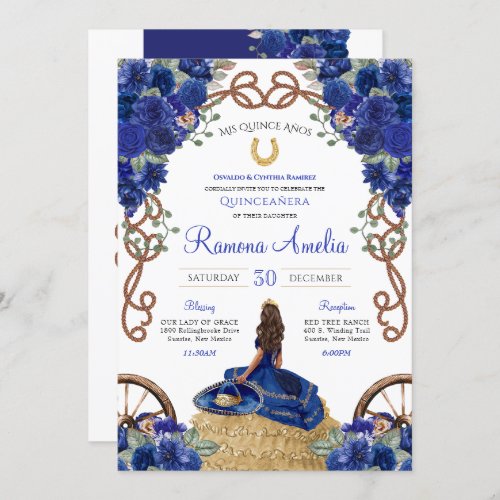 Royal Blue Floral Western Charra Quinceaera  Invitation