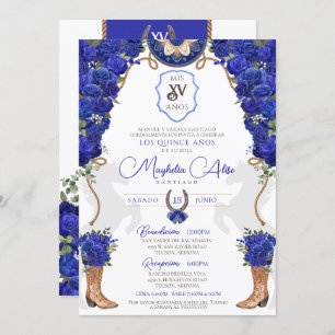 Royal Blue Floral Western Charro Quinceañera Invitation