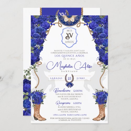 Royal Blue Floral Western Charro Quinceaera Invitation