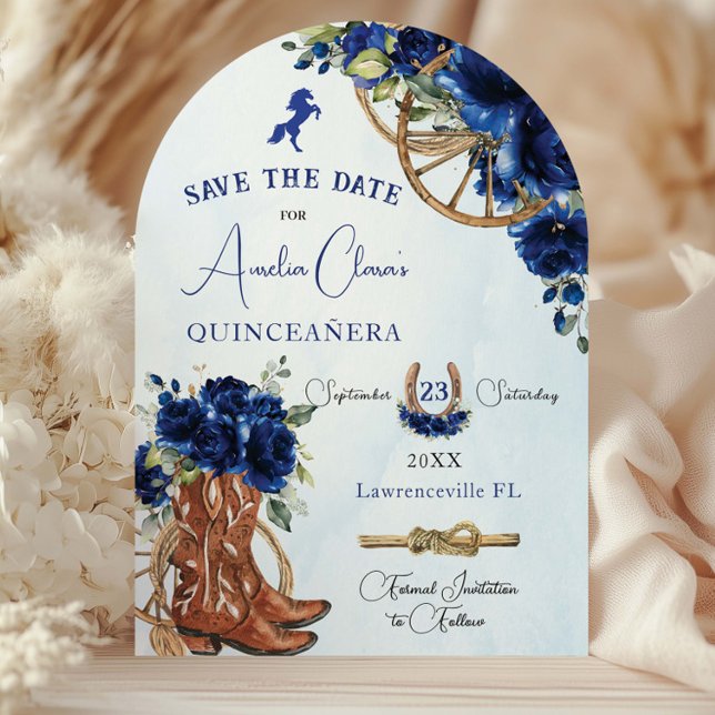 Royal Blue Floral Wild West Charro Quinceañera 15  Save The Date (Creator Uploaded)