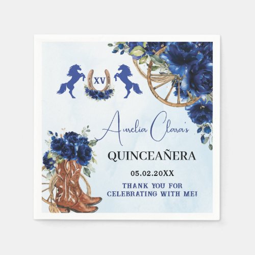 Royal Blue Floral Wild West Charro Quincea&#241;era XV Napkins