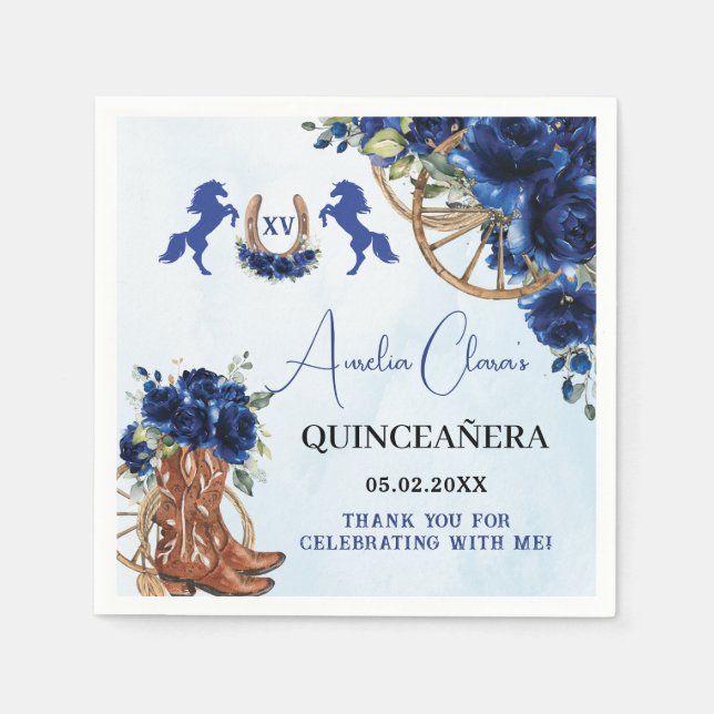 Royal Blue Floral Wild West Charro Quinceañera XV Napkins (Front)