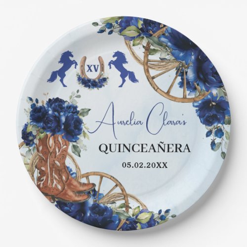 Royal Blue Floral Wild West Charro Quincea&#241;era XV Paper Plates