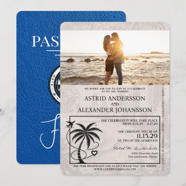 Royal Blue Florida Passport Wedding Invitation (Front/Back)